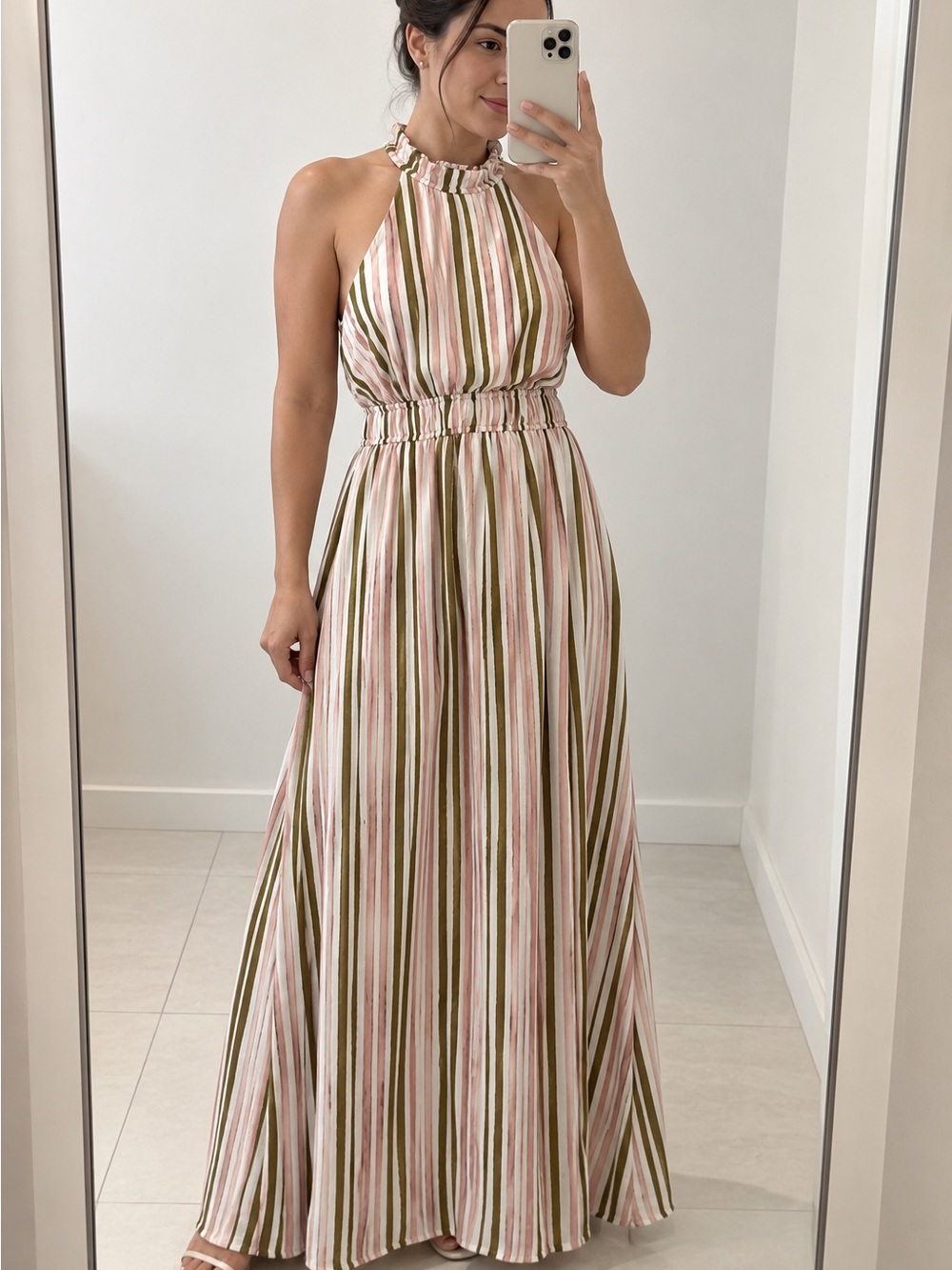 Striped Halter Maxi Dress Gathered Waist Nine West